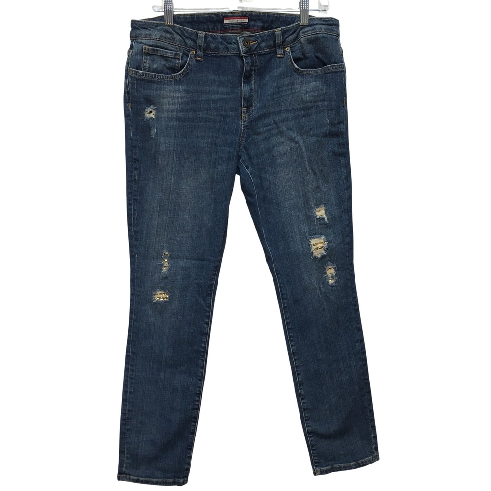 Tommy Hilfiger Distressed Sequin Skinny Jeans Women's 12 Blue Glam Preppy Edgy